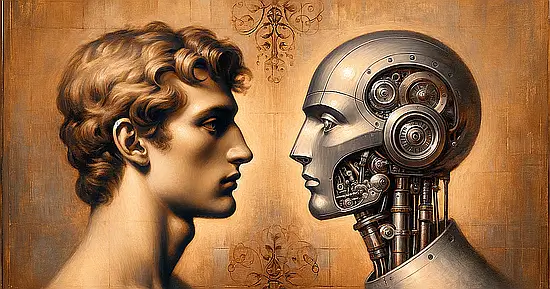 Digital painting in the style of James McNeill Whistler, showcasing two heads in profile against a muted background. On the left is a human head, detailed with realistic facial features and expressions. On the right, a robotic head with a polished, metallic surface and intricate mechanical details, resembling a classic sci-fi robot. The heads are facing each other, symbolizing a juxtaposition between humanity and technology.