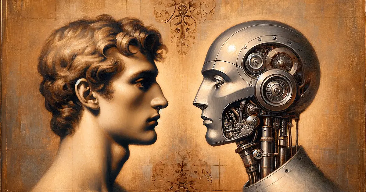 Digital painting in the style of James McNeill Whistler, showcasing two heads in profile against a muted background. On the left is a human head, detailed with realistic facial features and expressions. On the right is a robotic head with a polished, metallic surface and intricate mechanical details, resembling a classic sci-fi robot. The heads are facing each other, symbolising a juxtaposition between humanity and technology.