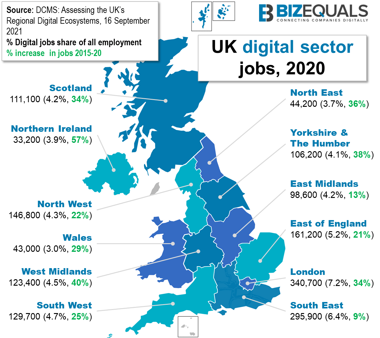 Map of UK showing digital sector jobs by region