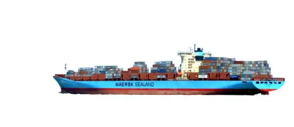 Large, fully laden container ship