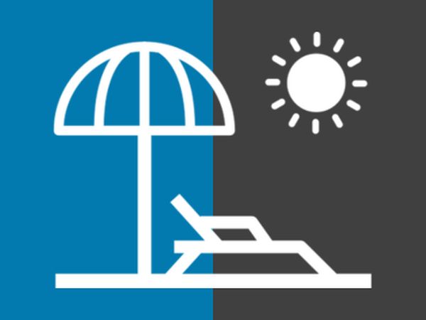 sun lounger and umbrella on grey and blue background representing BizEquals' travel & leisure industry members 