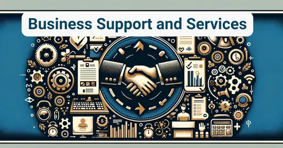 Support icons including a help desk and a live chat surrounding a handshake, implying support and productivity in business services.