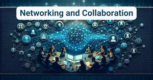 Floating above a group of business people working together is a network mesh combined with a group of nodes connecting, depicting networking and collaboration.