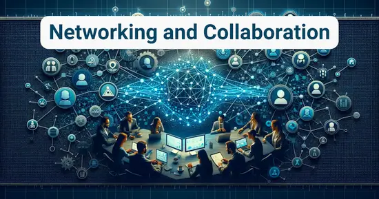 Floating above a group of business people working together is a network mesh combined with a group of nodes connecting, depicting networking and collaboration.