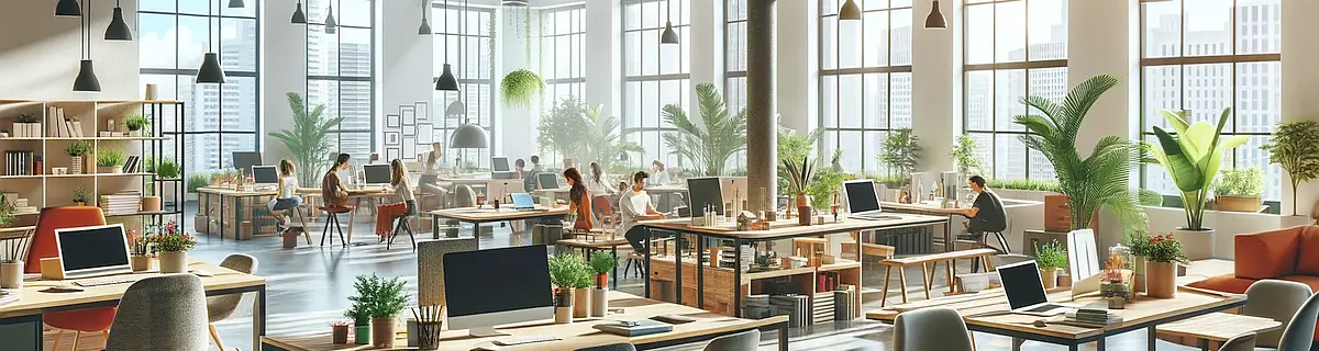 An image of a shared workspace with large windows
